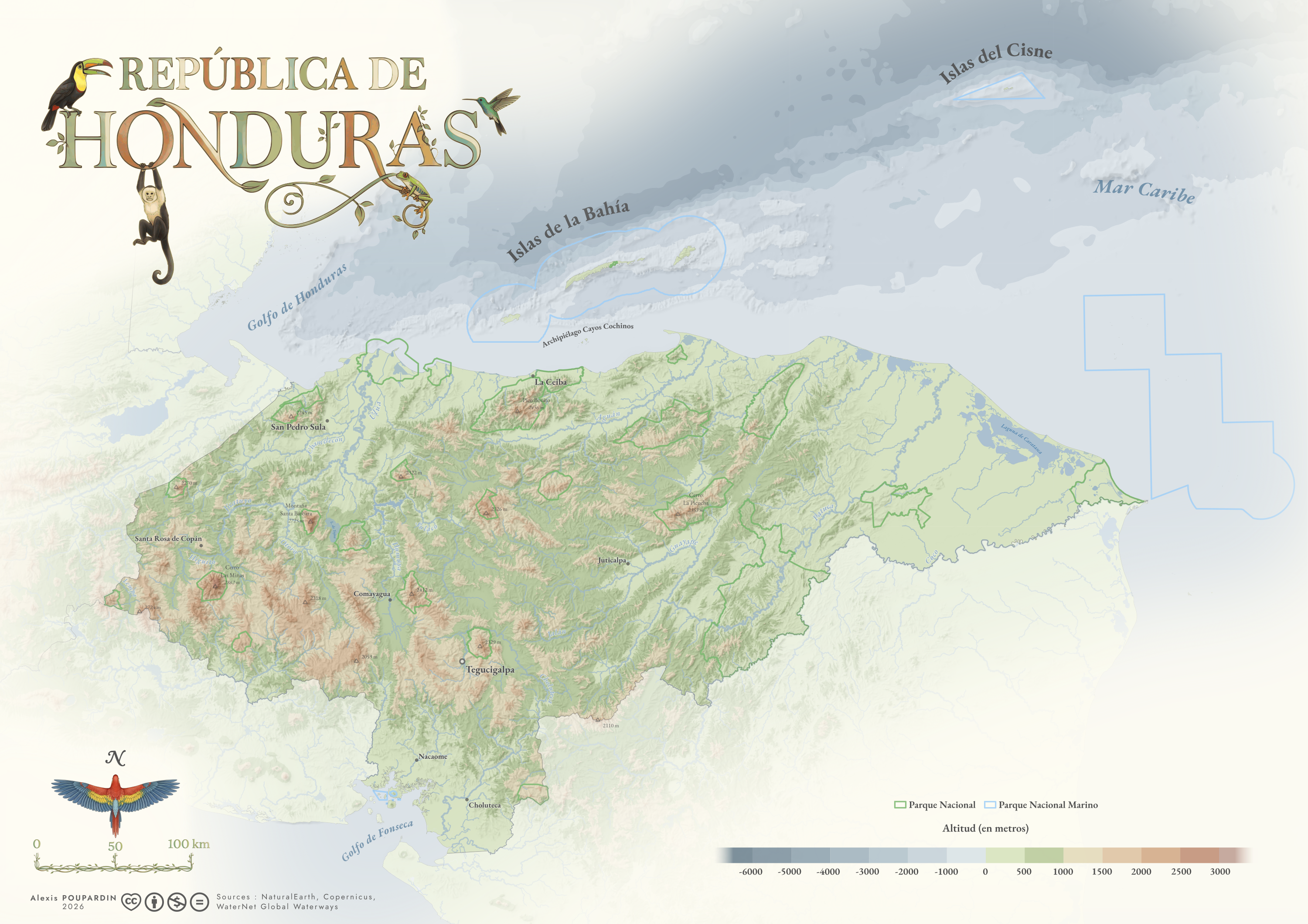 Topographic map of Honduras